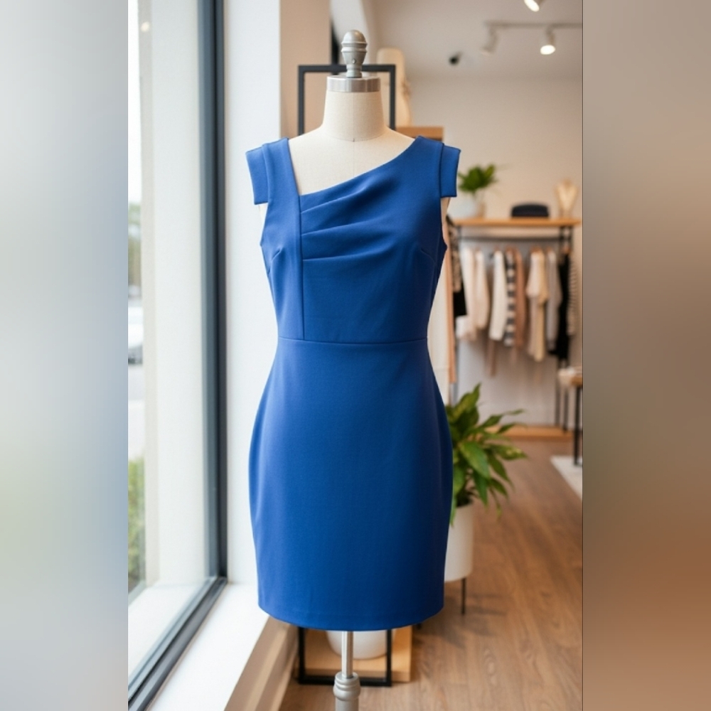 BeBe Royal Blue Asymmetrical Pleated Sheath Dress